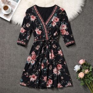 R&K Black Floral Dress with Pink and Green Accents